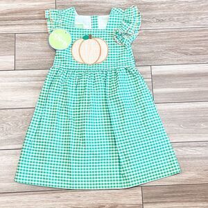 NWT! Classic Whimsy Pumpkin Appliqué Flutter Sleeve Green Gingham Dress Size 6